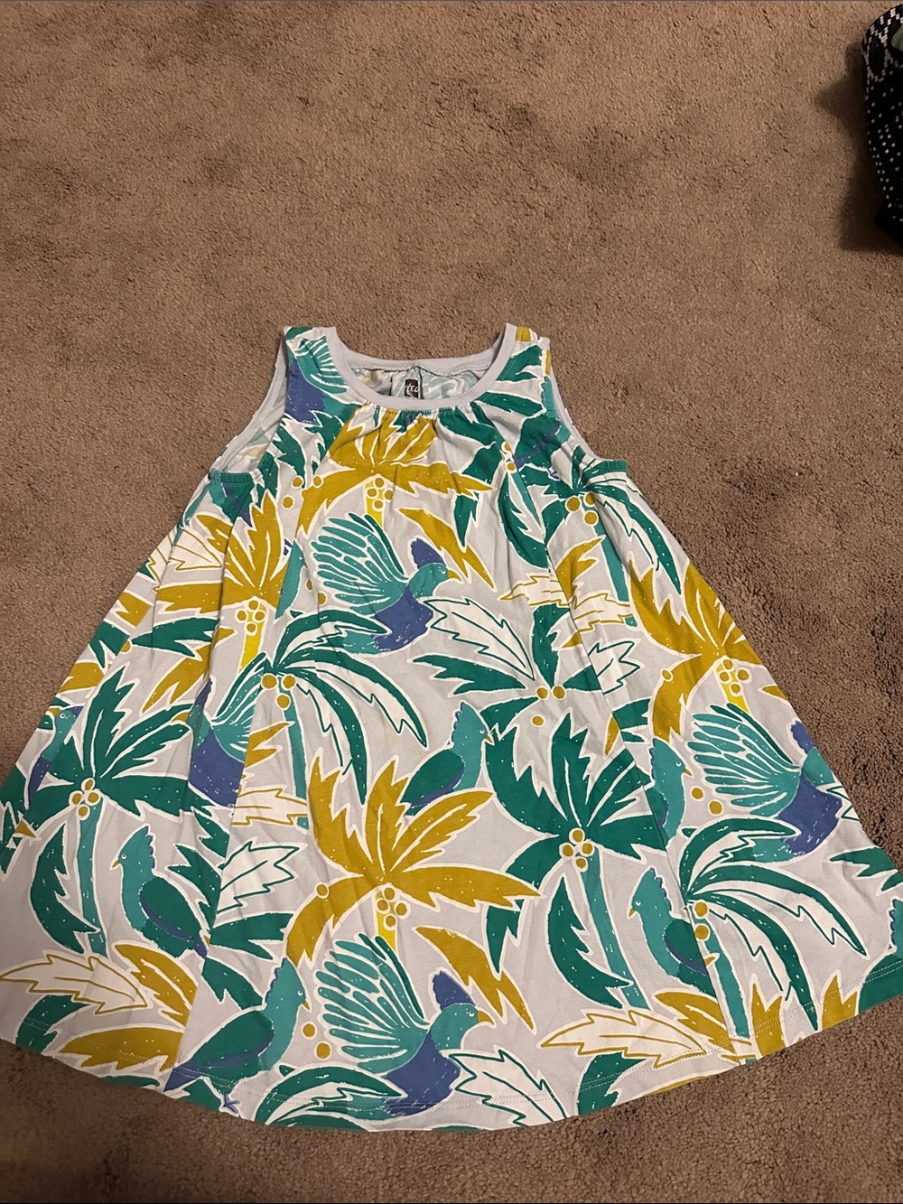 Tea Collection White Dress with Teal, Mustard & Blue Tropical Print